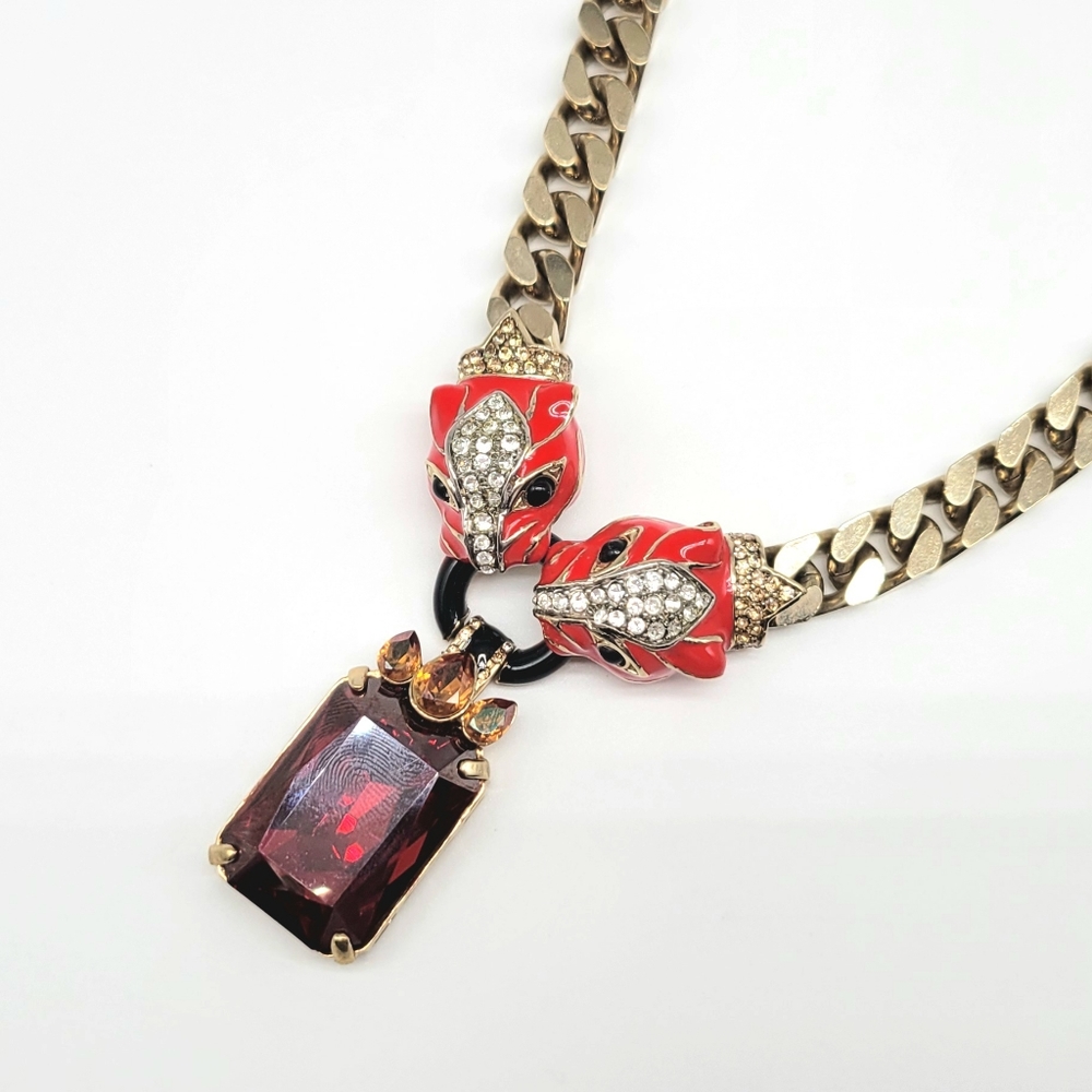 Roberto Cavalli Double Panther Head Swarovski Crysal Pendant Necklace Curb Chain